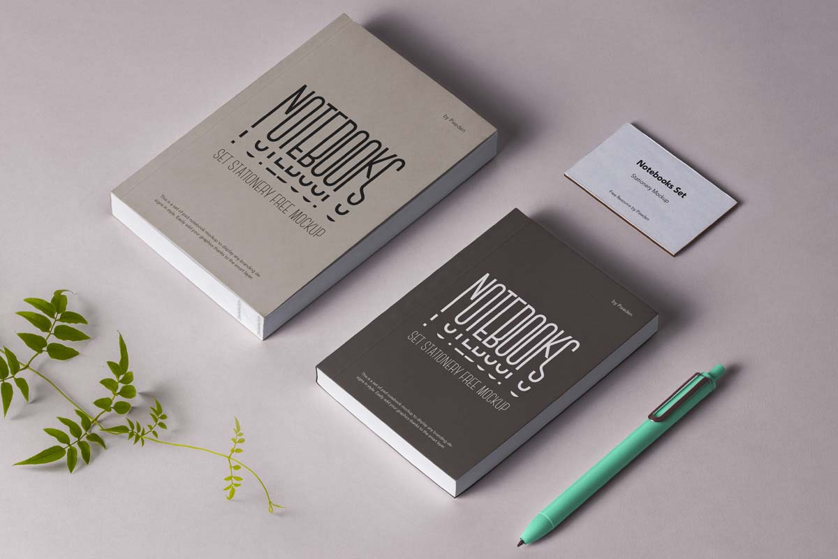 Download Notebook Mockup with Pen and Business Card - Smashmockup