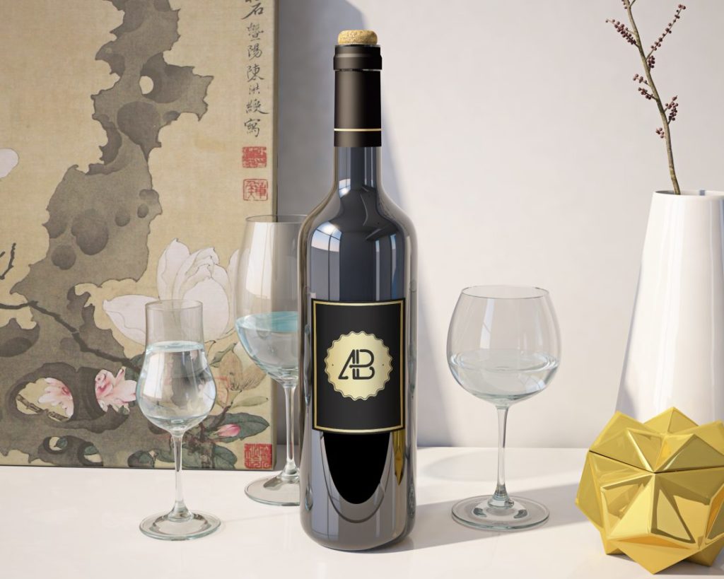 Download Realistic Wine Bottle Mockup with Glass - Free Download