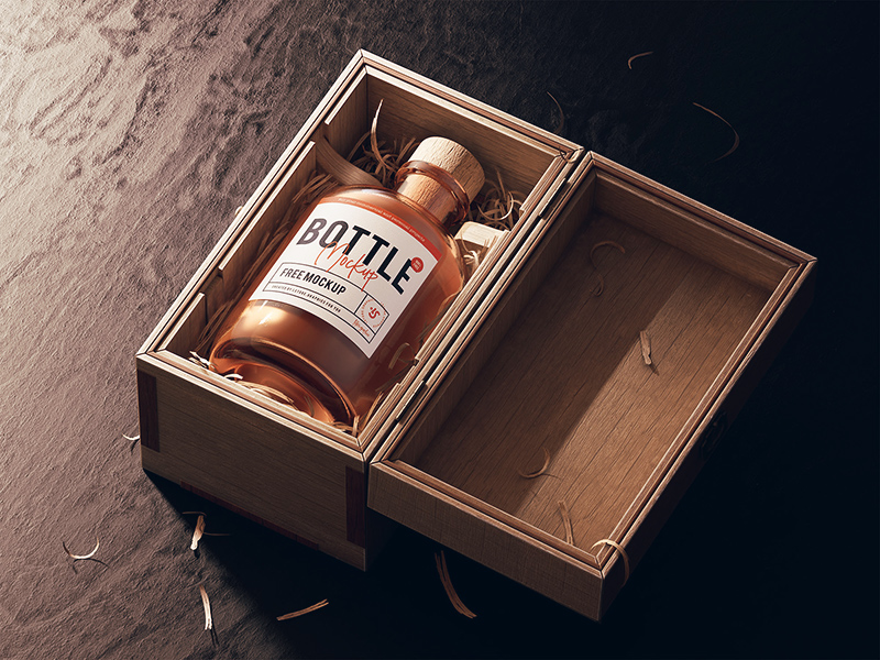 Download Realistic Bottle Mockup with Wooden Box - Free Download